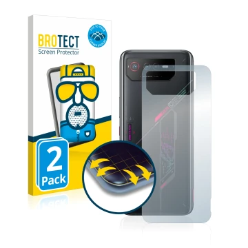 Front side of a product packaging with the brand logo BROTECT. Next to it is the device ASUS ROG Phone 6 (Back) shown with the