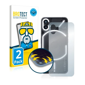 Front side of a product packaging with the brand logo BROTECT. Next to it is the device Nothing Phone (1) (Back) shown with th