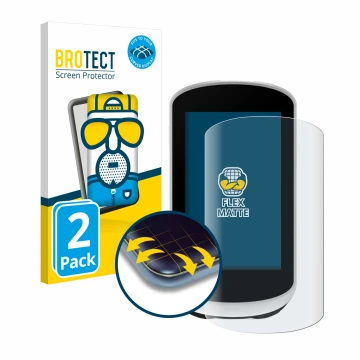 Front side of a product packaging with the brand logo BROTECT. Next to it is the device Garmin Edge Explore 2 shown with the c