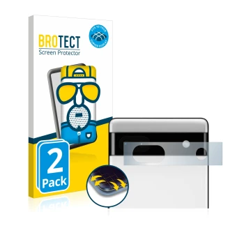 Front side of a product packaging with the brand logo BROTECT. Next to it is the device Google Pixel 6a (ONLY Camera Lens) sho