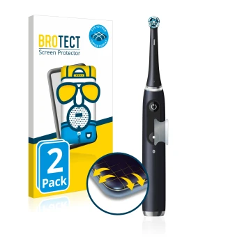 Front side of a product packaging with the brand logo BROTECT. Next to it is the device Oral-B iO 8 shown with the correspondi