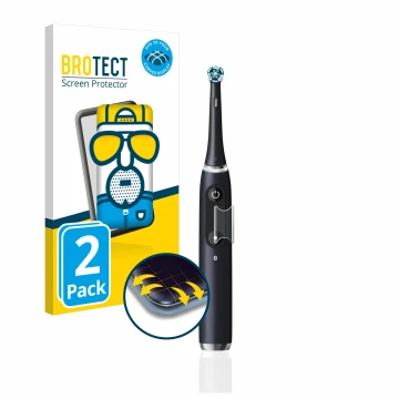 Front side of a product packaging with the brand logo BROTECT. Next to it is the device Oral-B iO 6 shown with the correspondi