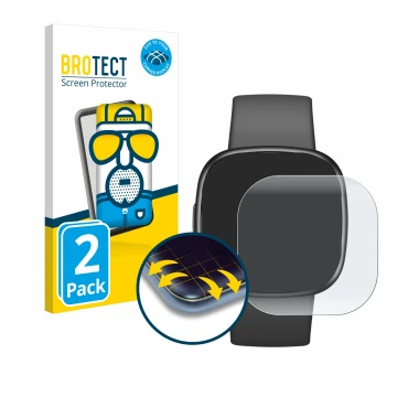 Front side of a product packaging with the brand logo BROTECT. Next to it is the device Fitbit Sense 2 shown with the correspo