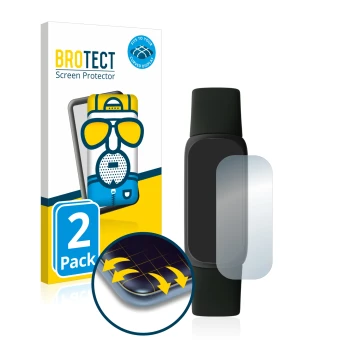 Front side of a product packaging with the brand logo BROTECT. Next to it is the device Fitbit Inspire 3 shown with the corres