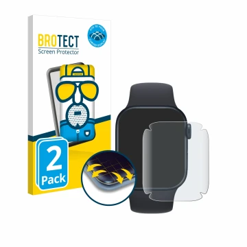 Front side of a product packaging with the brand logo BROTECT. Next to it is the device Apple Watch Series 8 (41 mm) shown wit