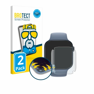 Front side of a product packaging with the brand logo BROTECT. Next to it is the device Apple Watch Series 8 (45 mm) shown wit