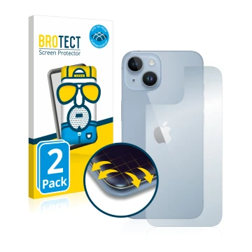 Front side of a product packaging with the brand logo BROTECT. Next to it is the device Apple iPhone 14 (Back) shown with the 