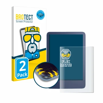 Front side of a product packaging with the brand logo BROTECT. Next to it is the device Amazon Kindle Reader 2022 shown with t