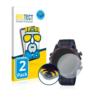 Front side of a product packaging with the brand logo BROTECT. Next to it is the device Casio Edifice ECB 2000 shown with the 