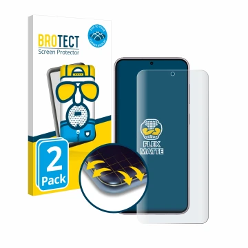 Front side of a product packaging with the brand logo BROTECT. Next to it is the device Samsung Galaxy S23 Plus shown with the