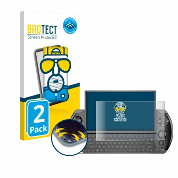 Front side of a product packaging with the brand logo BROTECT. Next to it is the device GPD Win 4 shown with the corresponding