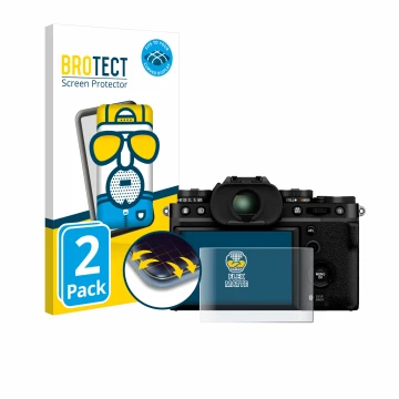 Front side of a product packaging with the brand logo BROTECT. Next to it is the device Fujifilm X-T5 shown with the correspon