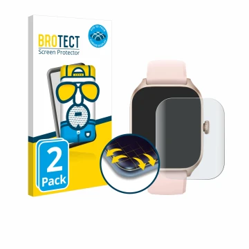 Front side of a product packaging with the brand logo BROTECT. Next to it is the device Huami Amazfit GTS 4 shown with the cor