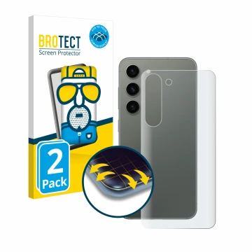Front side of a product packaging with the brand logo BROTECT. Next to it is the device Samsung Galaxy S23 (Back) shown with t