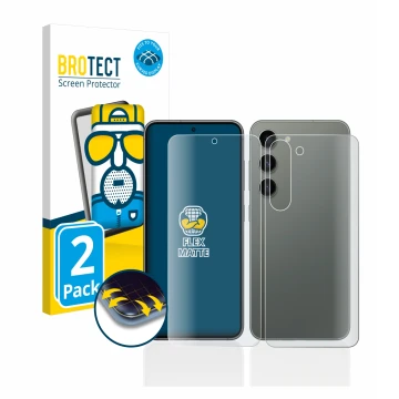 Front side of a product packaging with the brand logo BROTECT. Next to it is the device Samsung Galaxy S23 (Front+Back) shown 
