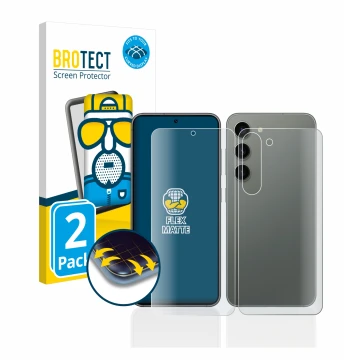 Front side of a product packaging with the brand logo BROTECT. Next to it is the device Samsung Galaxy S23 Plus (Front+Back) s