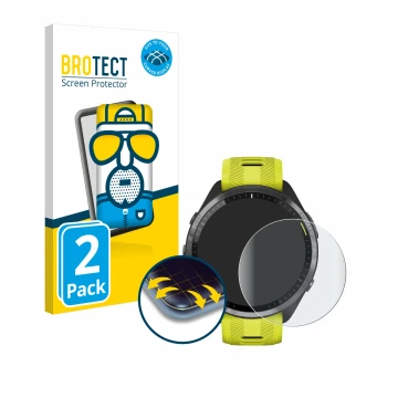 Front side of a product packaging with the brand logo BROTECT. Next to it is the device Garmin Forerunner 965 shown with the c