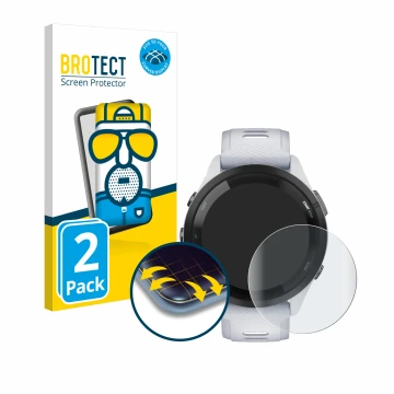 Front side of a product packaging with the brand logo BROTECT. Next to it is the device Garmin Forerunner 265 (46 mm) shown wi