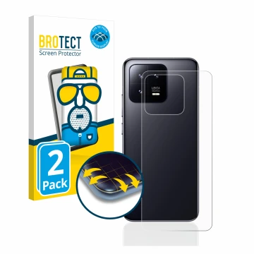 Front side of a product packaging with the brand logo BROTECT. Next to it is the device Xiaomi 13 (Back) shown with the corres