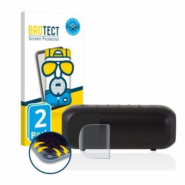 Front side of a product packaging with the brand logo BROTECT. Next to it is the device JBL Tuner 2 shown with the correspondi