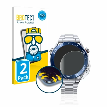 Front side of a product packaging with the brand logo BROTECT. Next to it is the device Huawei Watch Ultimate (48.5 mm) shown 