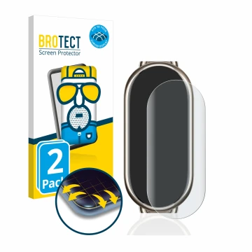 Front side of a product packaging with the brand logo BROTECT. Next to it is the device Xiaomi Mi Band 8 shown with the corres