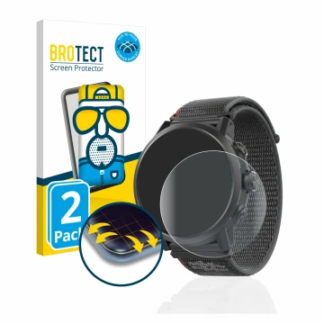 Front side of a product packaging with the brand logo BROTECT. Next to it is the device Coros Apex 2 shown with the correspond