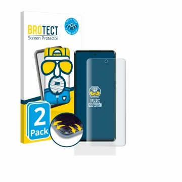 Front side of a product packaging with the brand logo BROTECT. Next to it is the device realme 11 Pro Plus shown with the corr