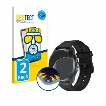 Front side of a product packaging with the brand logo BROTECT. Next to it is the device Mobvoi TicWatch Pro 5 shown with the c