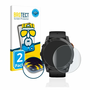 Front side of a product packaging with the brand logo BROTECT. Next to it is the device Garmin Fenix 7X Pro Solar (51 mm) show