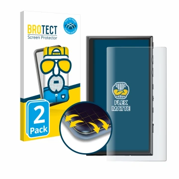 Front side of a product packaging with the brand logo BROTECT. Next to it is the device Sony Walkman NW-A306 shown with the co