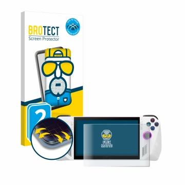 Front side of a product packaging with the brand logo BROTECT. Next to it is the device ASUS ROG Ally (2023) RC71L shown with 