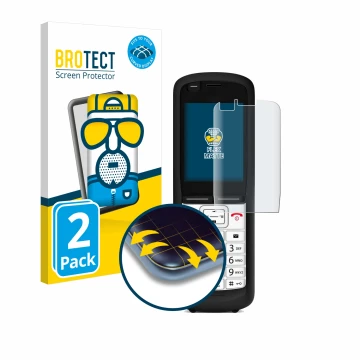 Front side of a product packaging with the brand logo BROTECT. Next to it is the device Unify OpenScape DECT Phone R6 shown wi