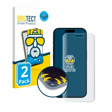Front side of a product packaging with the brand logo BROTECT. Next to it is the device Apple iPhone 15 Plus shown with the co
