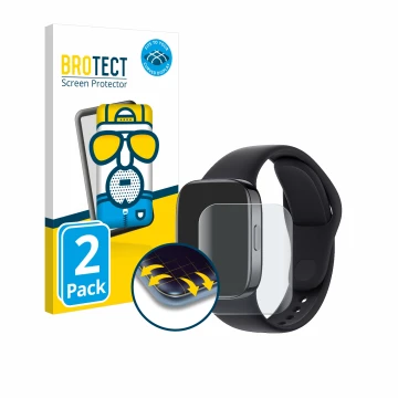 Front side of a product packaging with the brand logo BROTECT. Next to it is the device Xiaomi Redmi Watch 3 shown with the co