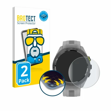 Front side of a product packaging with the brand logo BROTECT. Next to it is the device Garmin Approach S70 (42 mm) shown with