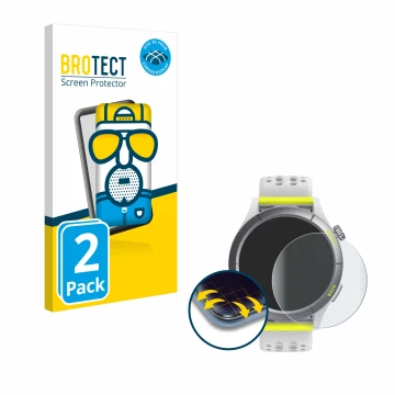 Front side of a product packaging with the brand logo BROTECT. Next to it is the device Huami Amazfit Cheetah shown with the c