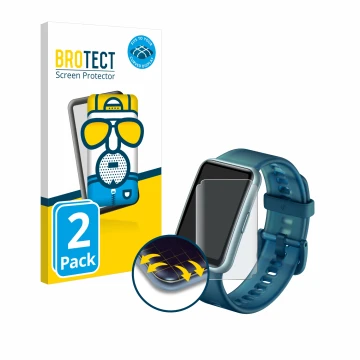 Front side of a product packaging with the brand logo BROTECT. Next to it is the device Huawei Watch Fit Special Edition shown