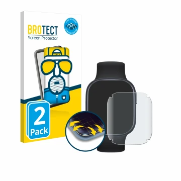 Front side of a product packaging with the brand logo BROTECT. Next to it is the device Honor Watch 4 shown with the correspon