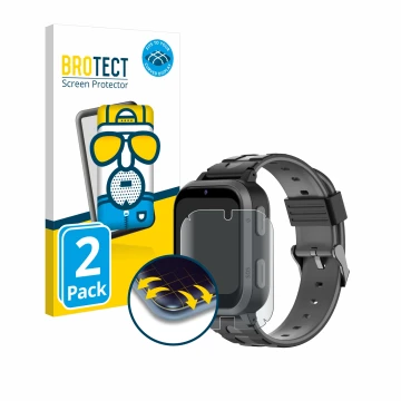 Front side of a product packaging with the brand logo BROTECT. Next to it is the device Beafon Kids Watch SW2 shown with the c