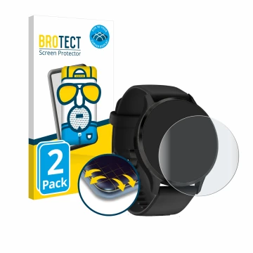 Front side of a product packaging with the brand logo BROTECT. Next to it is the device Garmin Venu 3S shown with the correspo