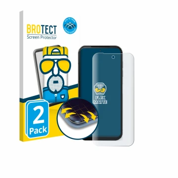 Front side of a product packaging with the brand logo BROTECT. Next to it is the device Fairphone 5 shown with the correspondi