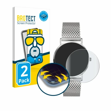 Front side of a product packaging with the brand logo BROTECT. Next to it is the device Liebeskind New Case Mesh (34 mm) shown