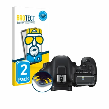 Front side of a product packaging with the brand logo BROTECT. Next to it is the device Canon EOS 7D Mark II (top plate displa