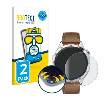 Front side of a product packaging with the brand logo BROTECT. Next to it is the device Huawei Watch GT 4 (46mm) shown with th