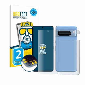 Front side of a product packaging with the brand logo BROTECT. Next to it is the device Google Pixel 8 Pro (Front+Back) shown 