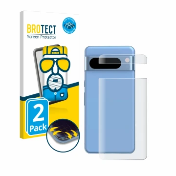 Front side of a product packaging with the brand logo BROTECT. Next to it is the device Google Pixel 8 Pro (Back) shown with t