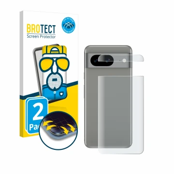 Front side of a product packaging with the brand logo BROTECT. Next to it is the device Google Pixel 8 (Back) shown with the c