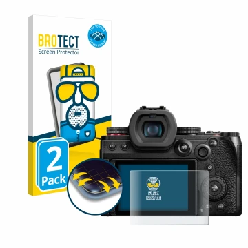 Front side of a product packaging with the brand logo BROTECT. Next to it is the device Panasonic Lumix DC-G9 II shown with th