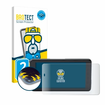 Front side of a product packaging with the brand logo BROTECT. Next to it is the device BMW ConnectedRide Navigator shown with